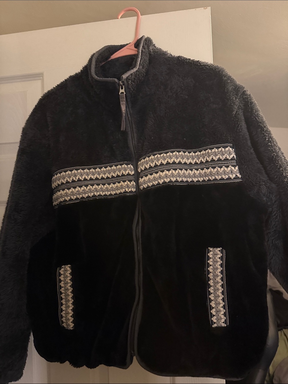 UGG Black Plush Zip-Up Jacket with Decorative Trim